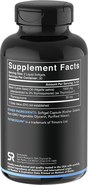 Sports Research Black Cumin Seed Oil Black Seed Oil Capsules for Immune Health Joint Health  Antioxidant Activity NonGMO GlutenFree Mfd. in USA 500mg 60 Liquid Softgels for Adults