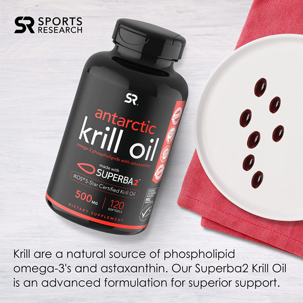 Sports Research Krill Oil Supplement with EPA  DHA Omega 3 Phospholipids  Astaxanthin from Antarctic Krill Highest Concentration of Krill Oil for Men  Women 1000mg 120 Softgel Capsules