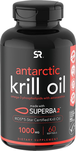 Sports Research Krill Oil Supplement with EPA  DHA Omega 3 Phospholipids  Astaxanthin from Antarctic Krill Highest Concentration of Krill Oil for Men  Women 1000mg 60 Softgel Capsules