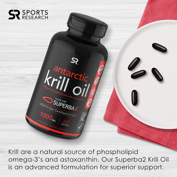 Sports Research Krill Oil Supplement with EPA  DHA Omega 3 Phospholipids  Astaxanthin from Antarctic Krill Highest Concentration of Krill Oil for Men  Women 1000mg 60 Softgel Capsules