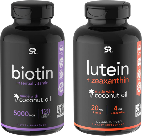 Sports Research Biotin 5000mcg 120ct  Vegan Lutein  Zeaxanthin 20mg 120ct Bundle