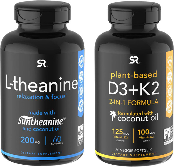 Sports Research Vitamin D3K2 5000iu 100mcg 60ct  LTheanine 200mg 60ct Bundle