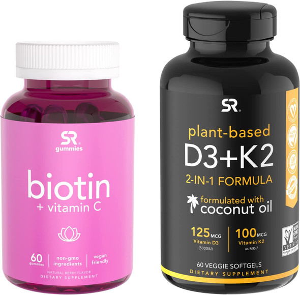 Sports Research Vitamin D3K2 5000iu Softgels 60ct  Biotin Gummies 5000mcg 60ct Bundle