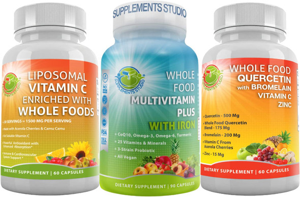 Total Immunity Boosting Vegan Supplements Pack Vegan Whole Food Multivitamin with Iron  Liposomal Vitamin C 1500mg and Quercetin 500mg with Bromelain