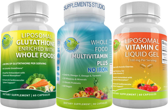 Daily Vegan Whole Food Multivitamin Plus For Men  Women No Iron  Liposomal Vitamin C Liquid Gel 1100Mg  Liposomal Glutathione 500Mg