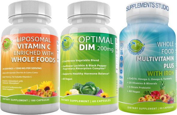 Optimal DIM Diindolylmethane Plus Supplement for Hormonal and Estrogen Balance Bundle Up with Vegan Multivitamin Plus for Men  Women with Iron and Liposomal Vitamin C 1500mg for Overall Support