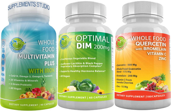 Overall Support for Men and Women Bundle Optimal DIM Plus Supplement 200mg for Estrogen and Hormonal Balance  Multivitamin Plus for Men  Women with Iron and Quercetin 500mg with Bromelain