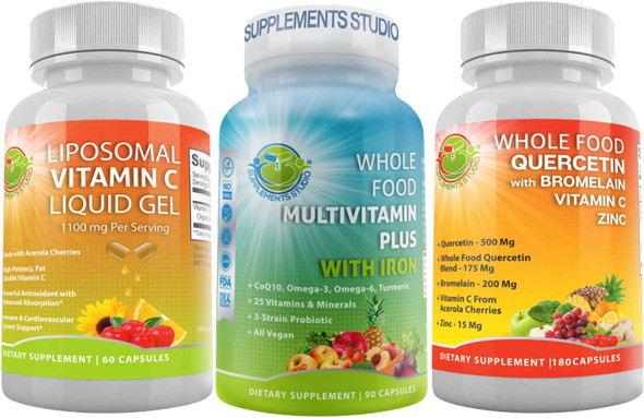 Optimal Natural Immune  Cardiovascular Support Whole Food Multivitamin Plus Liposomal Vitamin C  Quercetin With Bromelain And Zinc High Absorption Potency Bioavailability Gluten  Gmo Free
