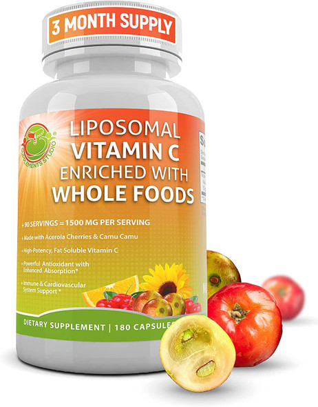Liposomal Vitamin C 1500Mg Organic Acerola Cherries  Camu Camu High Potency Vitamin C Vegan Immune Support Supplement With Enhanced Absorption  Bioavailability Nongmo 180 Count Pack Of 1