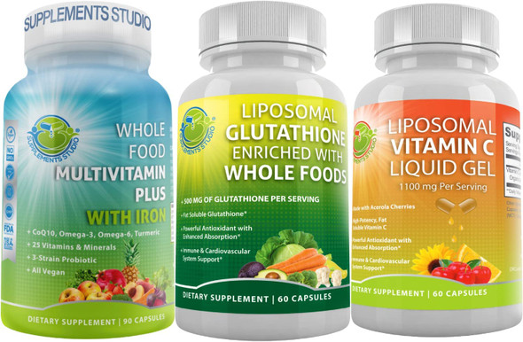Overall Boosting Health Support Liposomal Vitamin C 1500Mg  Vegan Whole Food Multivitamin With Iron  Liposomal Vitamin C Liquid Gel 1100Mg For Enhanced Absorption And Bioavailability
