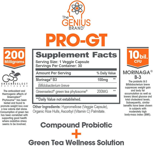 Genius Probiotics for Weight Loss w/ Green Tea Extract for Women  Men  Shelf Stable Probiotic Natural EGCG Fat Burner Supplement Digestive Health Pills for Bloating Relief and Belly Reduction 30sv