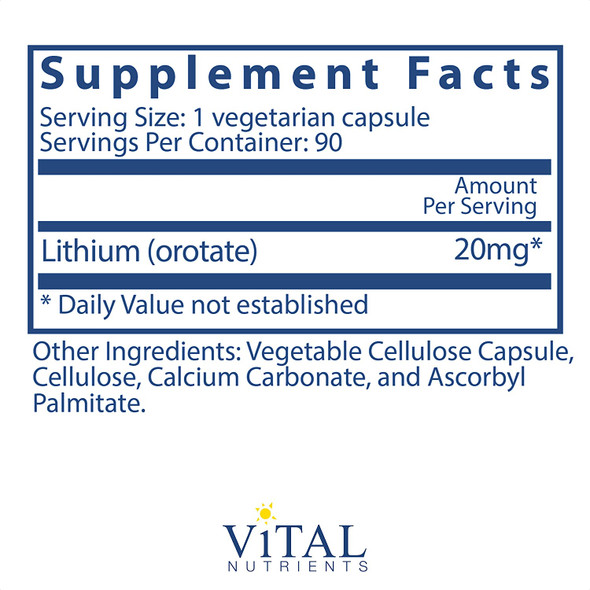 Vital Nutrients 100 Elemental Lithium Orotate Balanced Mood State Supplement Supports Mental and Behavioral Health 90 Vegetarian Capsules per Bottle 20 mg