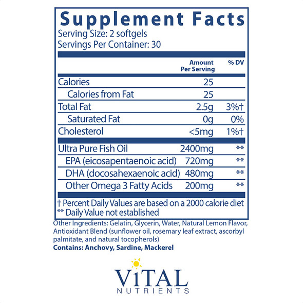 Vital Nutrients Ultra Pure Fish Oil 700 Pharmaceutical Grade HiPotency Wild Caught Deep Sea Fish Oil Cardiovascular Support with EPA and DHA 60 Softgels