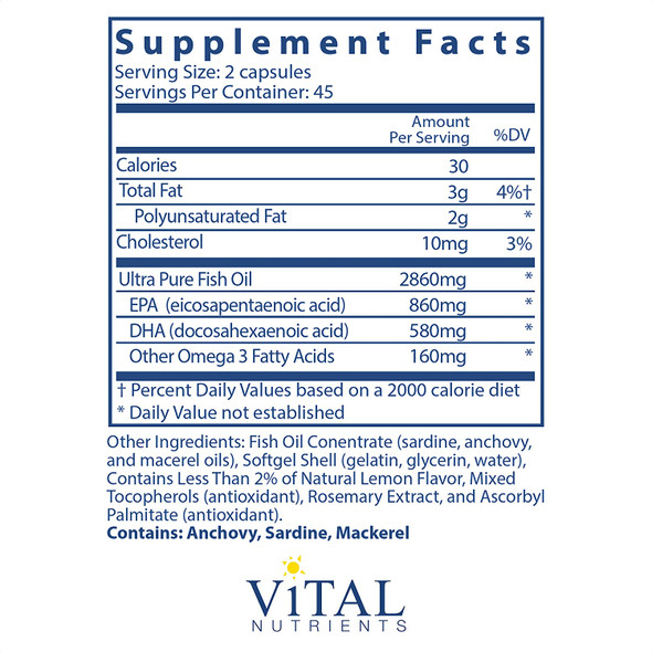 Vital Nutrients Ultra Pure Fish Oil 800 Pharmaceutical Grade HiPotency Wild Caught Deep Sea Fish Oil Cardiovascular Support with EPA and DHA 90 Softgels per Bottle