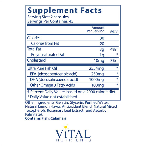 Vital Nutrients Ultra Pure Fish Oil 675 High Omega3 DHA Pharmaceutical Grade HiPotency Wild Caught Deep Sea Fish Oil Cardiovascular Support Lemon Flavor 90 Softgels per Bottle