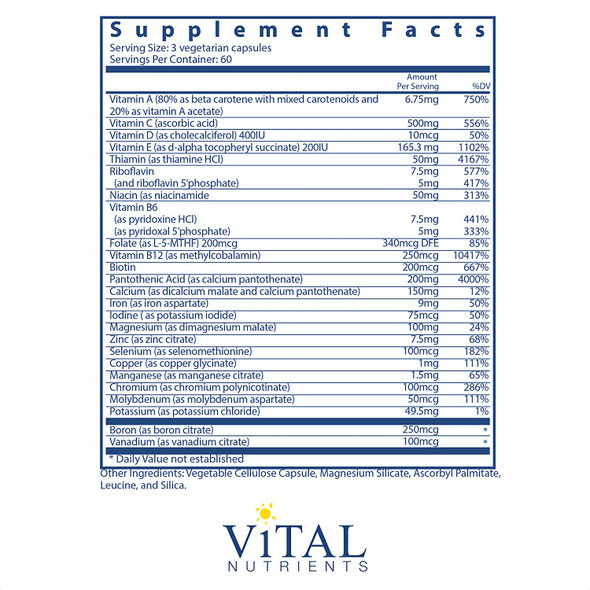 Vital Nutrients MultiNutrients with Iron and Iodine Comprehensive MultiVitamin/Mineral Formula Containing Iron and Iodine 180 Vegetarian Capsules per Bottle