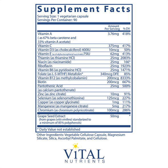 Vital Nutrients Minimal and Essential One a Day Multivitamin/Mineral and Antioxidant Formula 90 Vegetarian Capsules