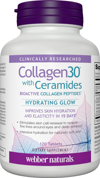 Webber Naturals Collagen30 with Ceramides Bioactive Collagen Peptides 120 Tablets Hydrating Glow Helps Improve Skin Hydration Elasticity  Smoothness Non GMO Dairy  Gluten Free