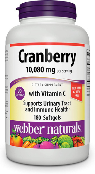 Webber Naturals Cranberry Supplement with Vitamin C 10080 mg of Cranberries and 180 mg of Vitamin C per Serving 180 Softgels NonGMO Gluten  Sugar Free Supports Urinary Tract and Immune Health