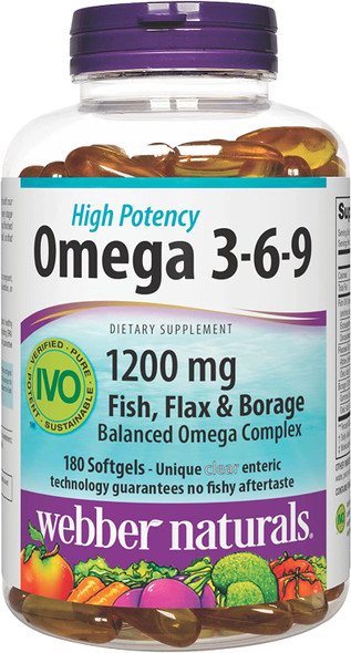 Webber Naturals Triple Omega 369 1200 mg Fish Oil Per Softgel High Potency 180 Softgels No Fishy Aftertaste UltraPurified for Heart Brain and Cardiovascular Health Gluten  ShellfishFree