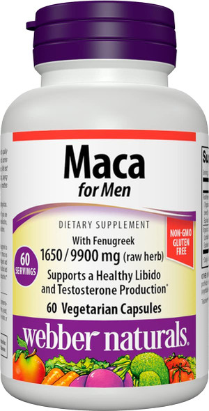 Webber Naturals Maca for Men 1650 mg of Organic Maca and 9990 mg of Fenugreek Per Pill 60 Vegetarian Capsules Supports Energy and Mood Gluten Free NonGMO Suitable for Vegans