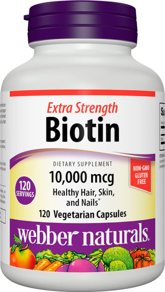 Webber Naturals Extra Strength Biotin 10000 mcg 120 Capsules Supports Healthy Hair Skin  Nails Energy Metabolism Vitamin Supplement Gluten Free NonGMO Suitable for Vegetarians and Vegans