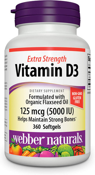 Webber Naturals Vitamin D3 5000 IU 125 mcg 360 Softgels for Immune and Bone Support Gluten and Dairy Free NonGMO Delivered in Organic Flaxseed Oil to Improve bioavailability 1 Year Supply