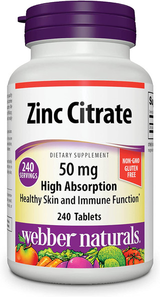 Webber Naturals Zinc Citrate 50 mg 240 Tablets Highly Absorbable for Immune Skin and Prostate Support Free of Dairy and Gluten Vegan