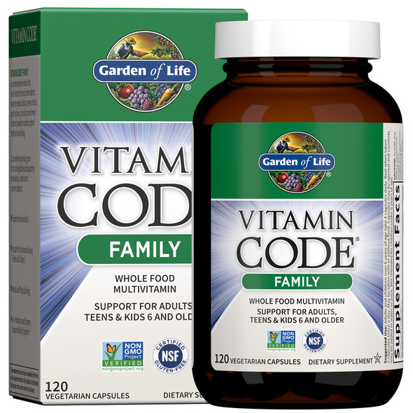 Garden of Life Multivitamin for Women, Men & Kids Age 6 and up, Vitamin Code Family Multi - 120 Vegetarian Capsules, Whole Food Vitamins, Food Blend & Probiotics, Gluten Free Dietary Supplements