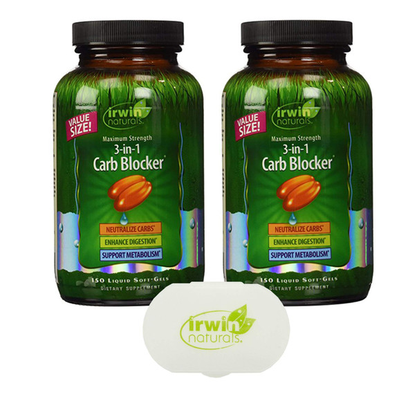 Irwin Naturals 3-in-1 Carb Blocker, Appetite Control Metabolism Support Supplement - 150 Liquid Softgels (2 Pack) Bundle with a Lumintrail Pill Case