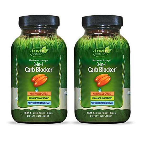Irwin Naturals Maximum Strength 3-in-1 Carb Blocker - Neutralize Carbohydrates and Support Metabolism - 150 Liquid Softgels (Pack of 2)