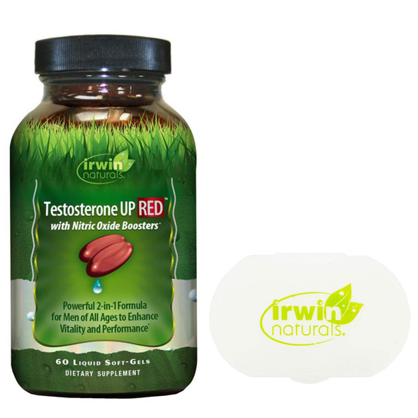 Irwin Naturals Testosterone Up Red With Nitric Oxide Booster Powerful 2-In-1 Formula Enhance Vitality And Performance 60-Liquid Soft-Gels Bundle With A Pill Case