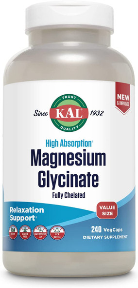 KAL Magnesium Glycinate, New & Improved Fully Chelated High Absorption Formula with BioPerine, Bisglycinate Chelate for  Relaxation, Muscle & Bone Health Support, 60 Servings, 240 VegCaps