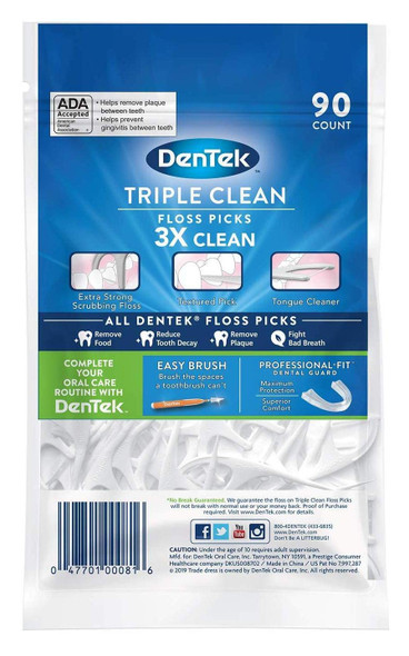 DenTek Triple Clean Advanced Clean Floss Picks  No Break  No Shred Floss 90 Count Pack of 3