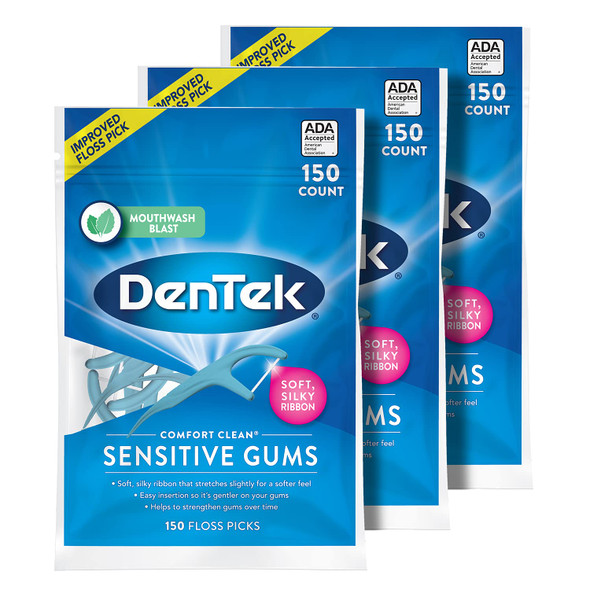 DenTek Comfort Clean Sensitive Gums Floss Picks Soft  Silky Ribbon 150 Count 3 Pack