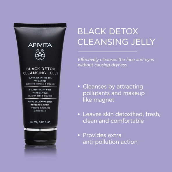 APIVITA Black Detox Cleansing Jelly 5.07 fl.oz.  Detoxifying and AntiPollution Cleansing Gel with Activated Charcoal and Propolis  Daily Face  Eyes Cleanser for All Skin Types