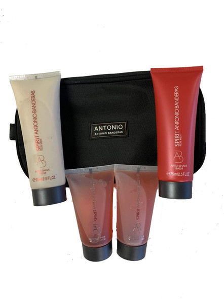 Antonio Banderas Travel Kit with Black Bag Spirit After Shave Balm Bath and Shower Gel/Shampoo