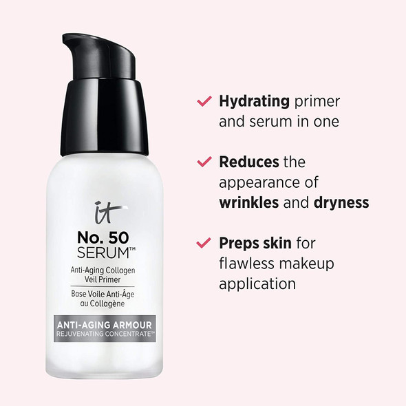 IT Cosmetics No. 50 Serum AntiAging Collagen Veil Primer  Hydrating Primer  Serum  Preps Skin for Makeup Diffuses the Look of Pores  With Essential Oils Vitamins Hyaluronic Acid Niacin  Silk
