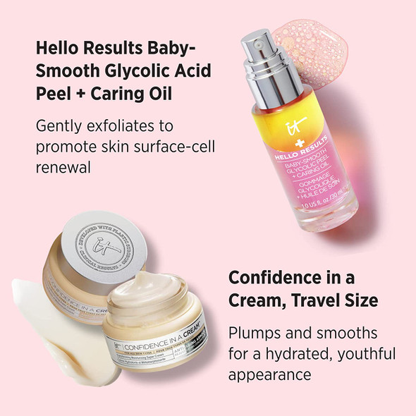 IT Cosmetics Hello Results BabySmooth Glycolic Acid Peel  Caring Face Oil 1 fl oz  Confidence in a Cream Face Moisturizer 0.5 fl oz  Gentle Exfoliation  Soothing Hydration for All Skin Types