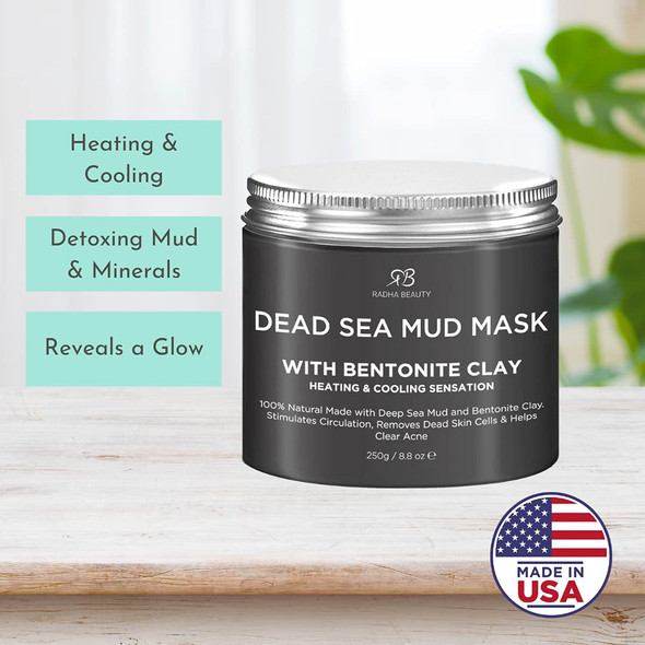 Dead Sea Mud Mask with Bentonite Clay for Face  Body 8.8 oz  100 Natural Formula to Treat Acne Pores Blackheads  Oily Skin  Heating  Cooling Sensation