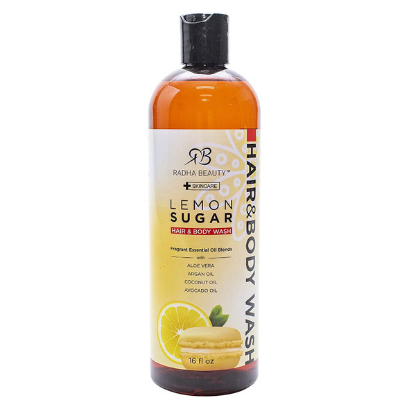 Radha Beauty Moisturizing Hair and Body Wash 16 oz.  Infused with Aloe Vera Argan Oil Coconut Oil and Avocado Oil for Men  Women Lemon Sugar