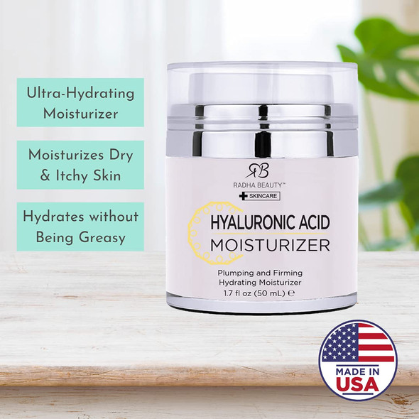 Radha Beauty Hyaluronic Moisturizer Miracle Cream for Face  with Hyaluronic Acid Vitamin E Green Tea with Aloe. Night and Day Moisturizing Cream 1.7 fl oz.