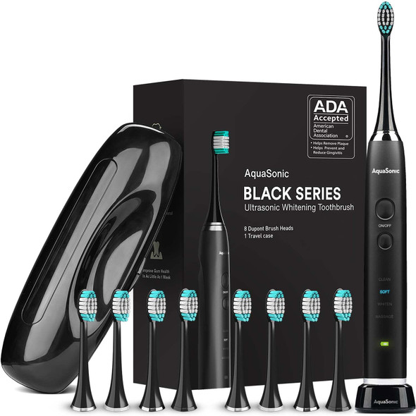 AquaSonic Black Series Ultra Whitening Toothbrush ADA Accepted Electric Toothbrush  8 Brush Heads  Travel Case  Ultra Sonic Motor  Wireless Charging  4 Modes w Smart Timer  Sonic Electric