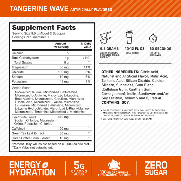 Optimum Nutrition Amino Energy Plus Electrolytes Energy Drink Powder Caffeine for PreWorkout Energy Amino Acids / BCAAs for PostWorkout Recovery Tangerine Wave 30 Servings