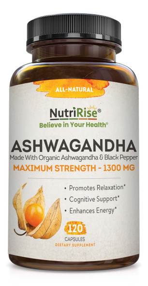 NutriRise Organic Ashwagandha with Black Pepper  120 ct  High Potency 1300 mg  Adaptogen Supplement to Support Adrenal  Glandular Health Focus Energy  Vitality for Men  Women