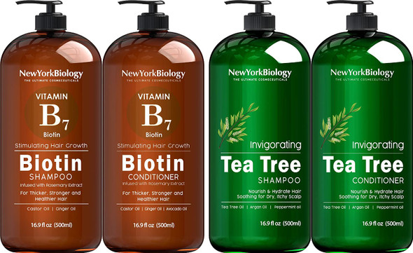 New York Biology Biotin Shampoo and Conditioner Set for Hair Growth with Tea Tree Shampoo and Conditioner Set  Thickening Formula for Hair Loss Treatment  Relief for Dandruff  16 fl. Oz