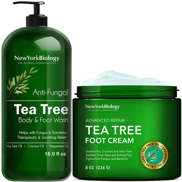 New York Biology Tea Tree Body Wash with Tea Tree Oil Foot Cream for Dry Cracked Feet  Helps Jock Itch  Itchy Skin Nail Fungus Athletes Foot Eczema  Body Odor Ringworms  Moisturizing Cream