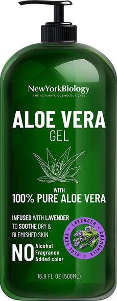 New York Biology Aloe Vera Gel for Face Skin and Hair  Infused with Lavender Oil  From Fresh Aloe Vera Plant  Moisturizing Aloe Vera for Sunburn Relief and Dry Skin  16 oz