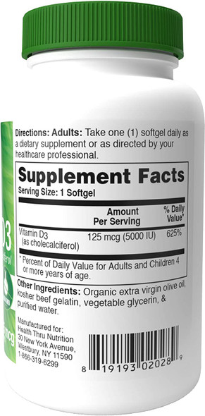Health Thru Nutrition Vitamin D3 Softgels 5000iu Pack of 360