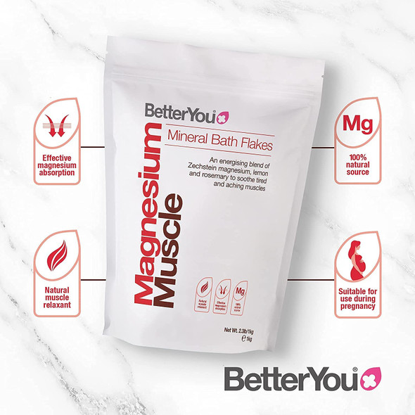 BetterYou Pure and Clean Bath Magnesium Flakes Bath Salts for Muscles, 47% Concentration, 35 Ounce